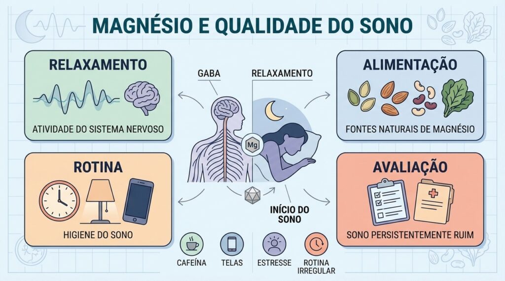 Magnésio, alimentação, rotina e avaliação profissional fazem parte do cuidado com o sono.