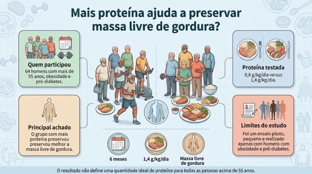 No ensaio, maior ingestão de proteína durante dieta e exercício mostrou sinais de melhor preservação da massa livre de gordura.