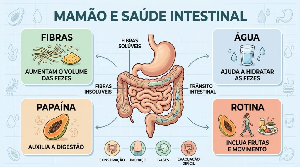 Fibras, água, papaína e rotina equilibrada ajudam a manter o intestino funcionando.