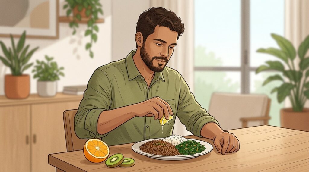 Vitamina C na mesma refeição ajuda o intestino a absorver melhor o ferro vegetal.