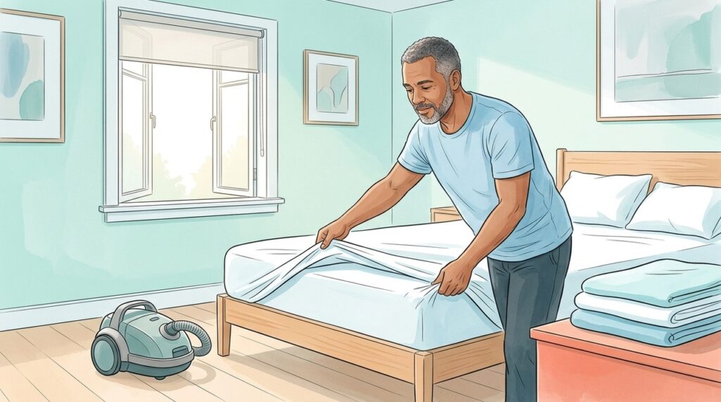 Roupa de cama limpa e ambiente sem tapetes ajudam a respirar melhor.