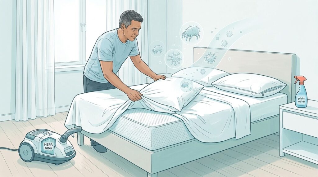 Higiene da roupa de cama e controle da poeira ajudam a reduzir crises de rinite dentro de casa.