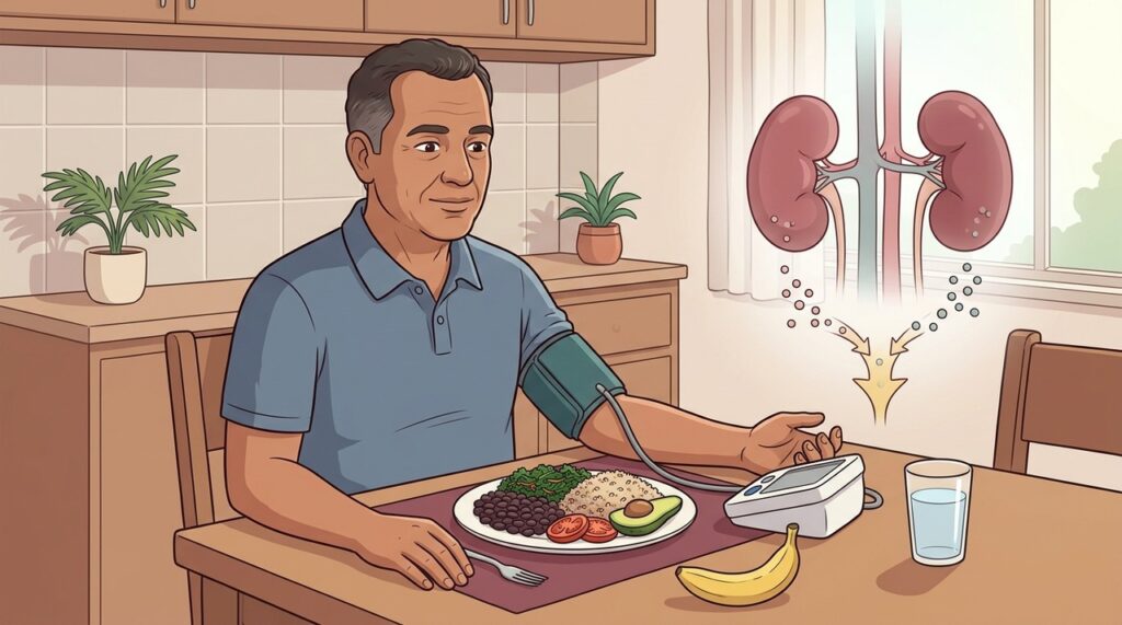 O equilíbrio entre sódio e potássio influencia rins, vasos e pressão arterial.