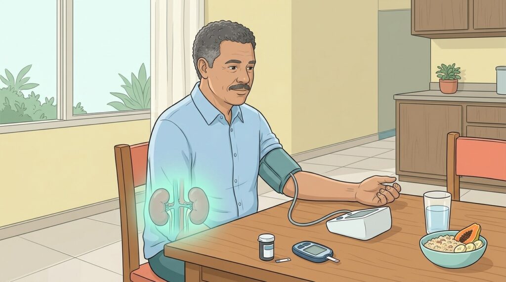 Acompanhamento da pressão, glicemia e função renal ajuda a detectar alterações precocemente.