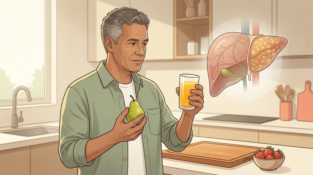 Sucos concentram frutose, enquanto frutas inteiras favorecem um consumo mais equilibrado.