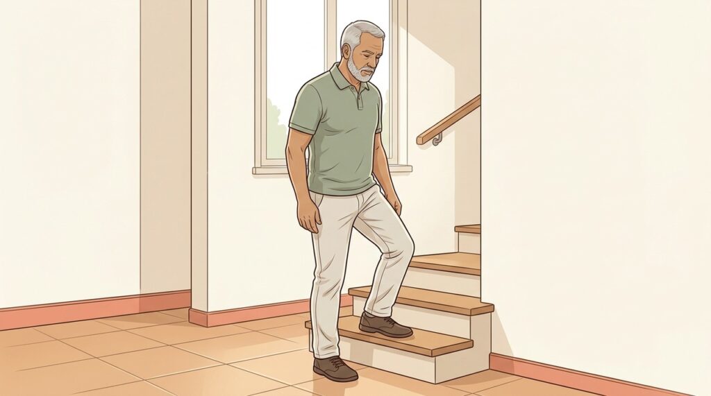 Dor ao descer degraus pode estar ligada à fraqueza muscular, não apenas à cartilagem.