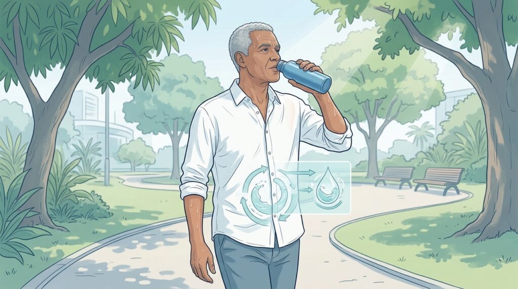 Calor e atividade física aumentam a necessidade de líquidos durante o dia.