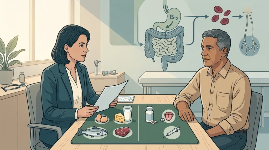 A necessidade de B12 depende tanto da dieta quanto da capacidade de absorção.