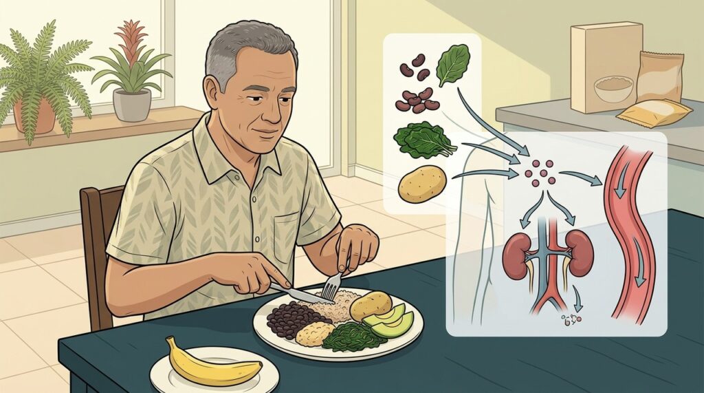 Várias fontes de potássio distribuídas nas refeições favorecem um padrão alimentar protetor.