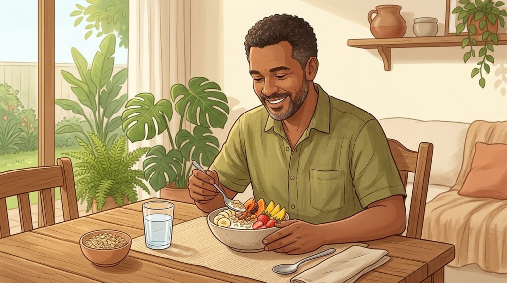 Aveia, frutas e hidratação ajudam a regular o trânsito e alimentar a microbiota.