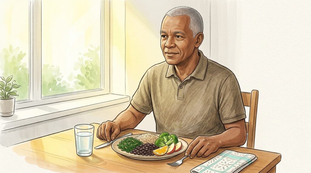 Feijão, cereais integrais e vegetais ajudam a manter fibras adequadas e trânsito intestinal regular.