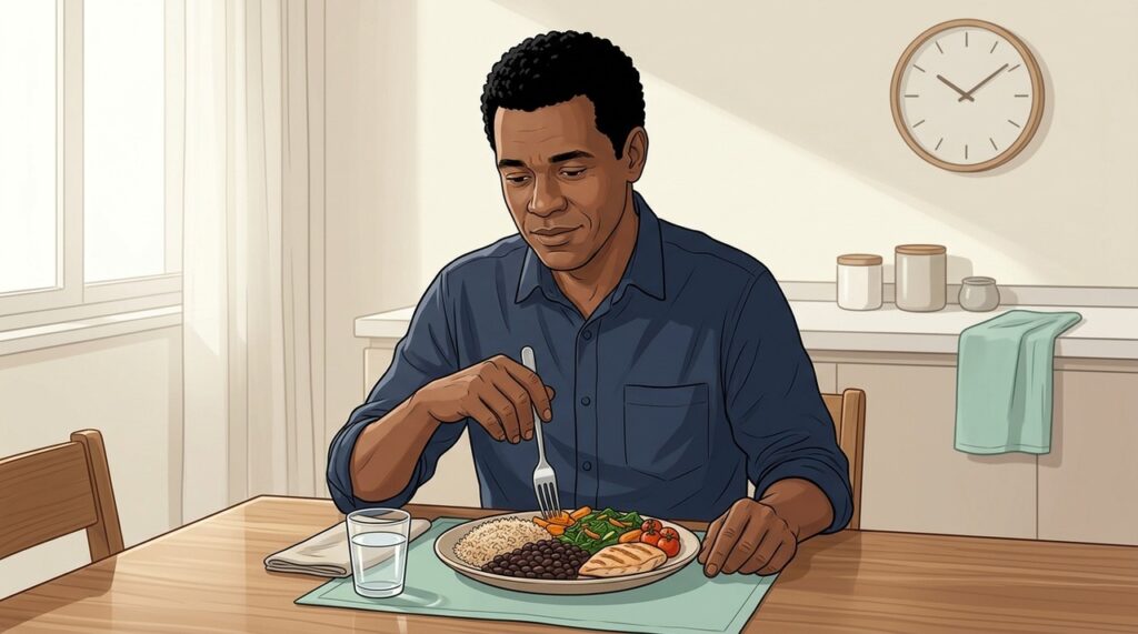 Comer devagar permite perceber a saciedade antes de ultrapassar a quantidade necessária durante a refeição.