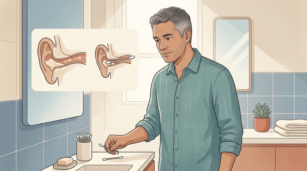 O cotonete pode empurrar o cerúmen para dentro e aumentar o risco de tampão.