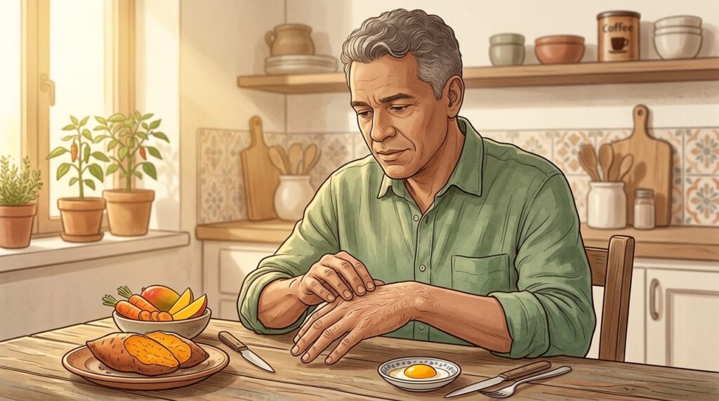 Pele seca e áspera também pode acompanhar a carência prolongada de vitamina A.