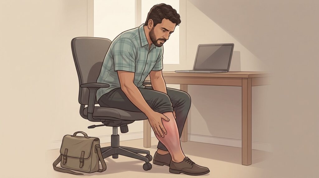 Imobilidade prolongada pode favorecer coágulos nas veias profundas da perna.