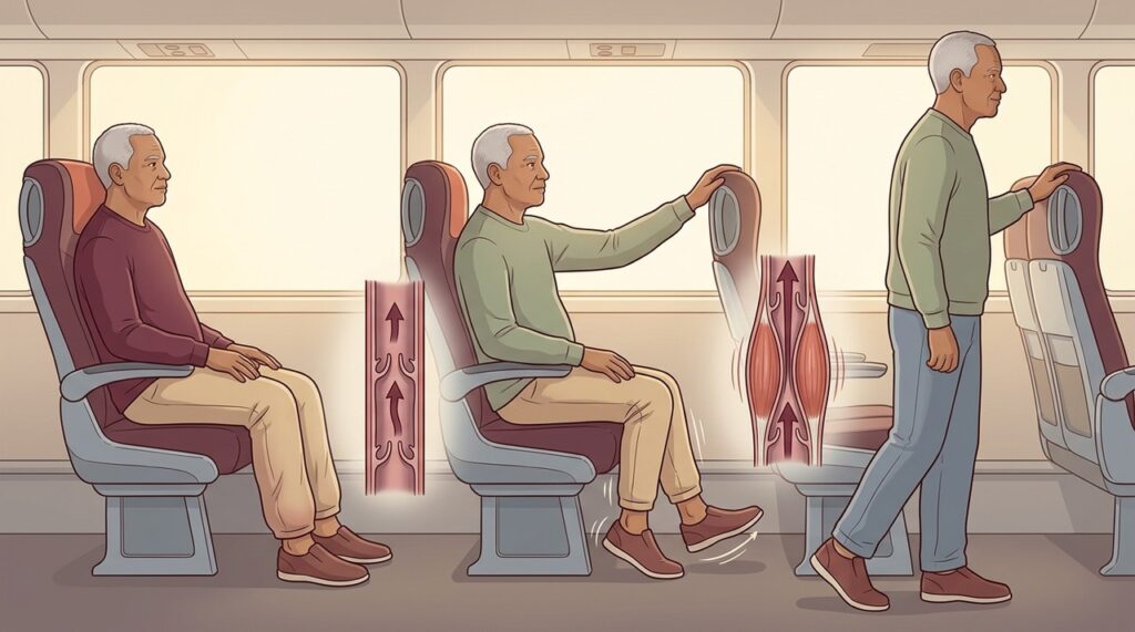 Ficar horas imóvel reduz o retorno venoso; pequenas pausas reativam a panturrilha.