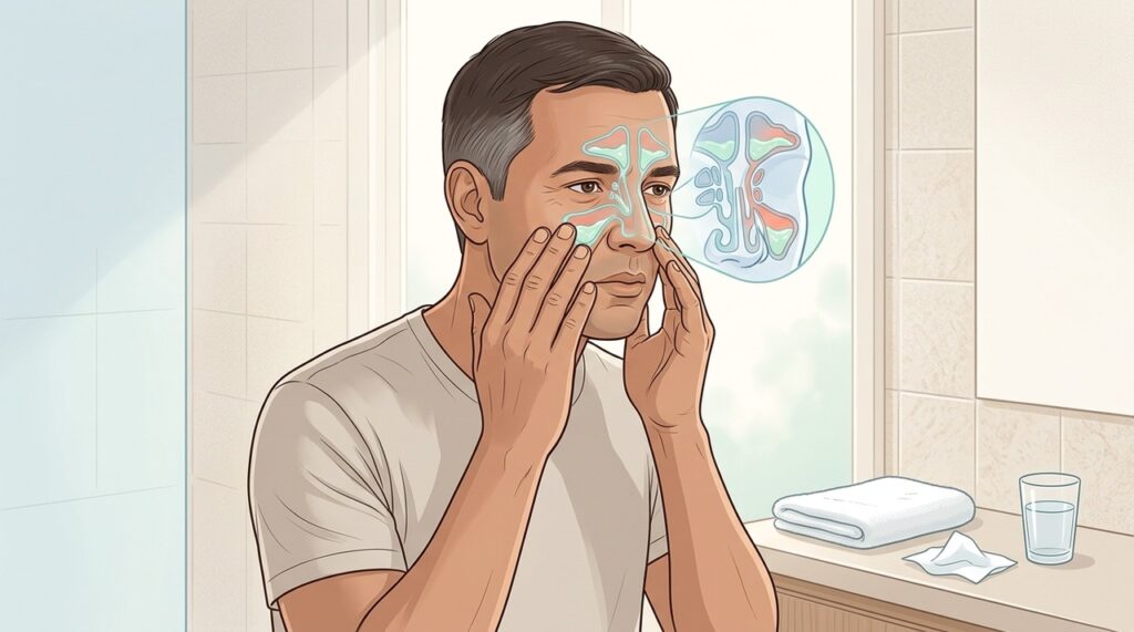 Muco espesso e pressão facial podem acompanhar quadros de sinusite.