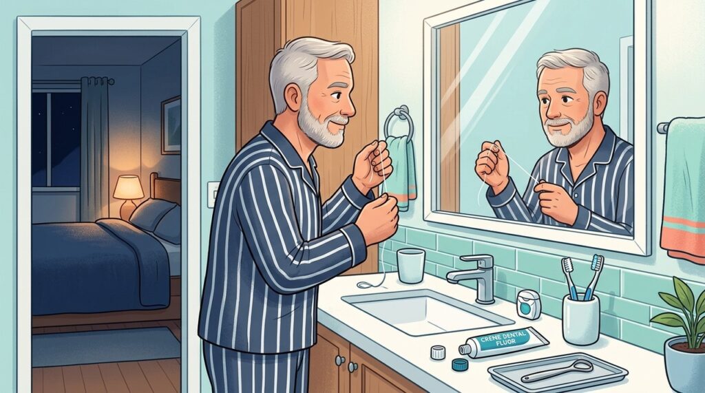 Fio dental e escovação noturna ajudam a proteger dentes e gengivas durante o sono.