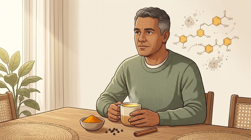 A curcumina é estudada por possíveis ações antioxidantes e anti-inflamatórias.