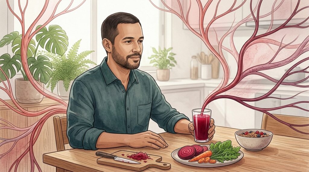 O suco de beterraba fornece nitratos que podem melhorar a resposta vascular.