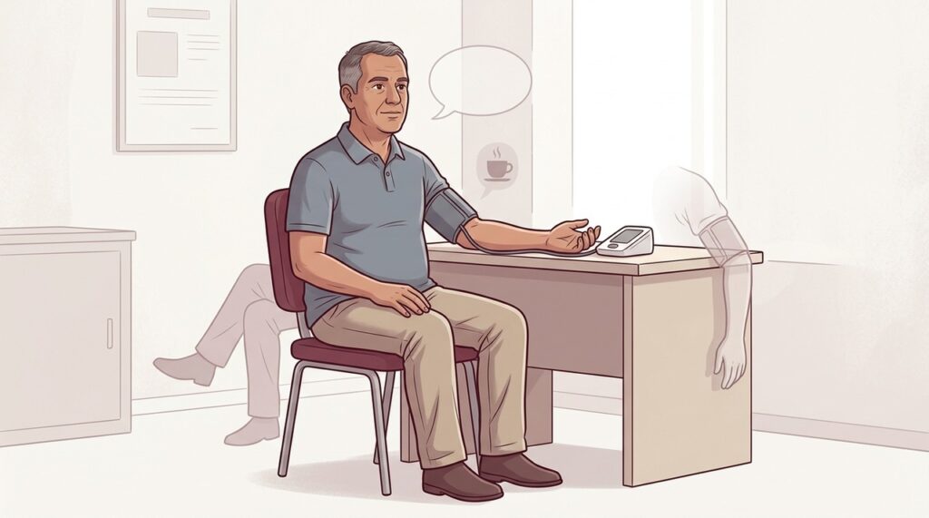 Braço apoiado, pés no chão e silêncio reduzem erros na aferição.