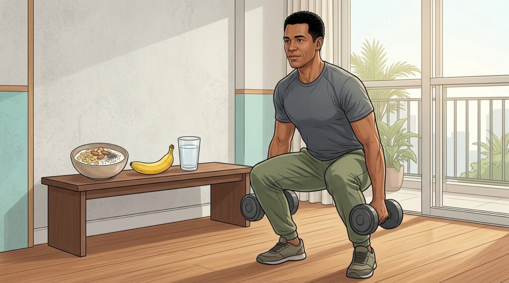 Alimentação equilibrada e descanso favorecem recuperação muscular após exercícios de força.