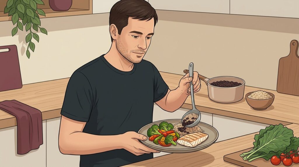 Porções equilibradas de feijão, arroz integral e vegetais favorecem uma refeição metabolicamente mais estável.