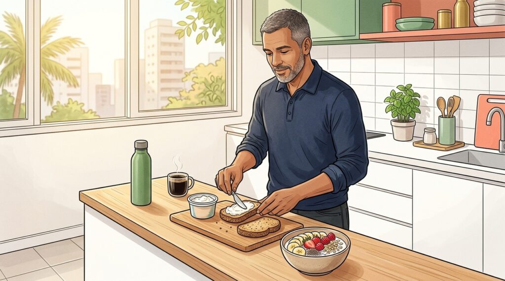 Combinar proteínas, frutas e fibras ajuda a construir um café da manhã equilibrado.
