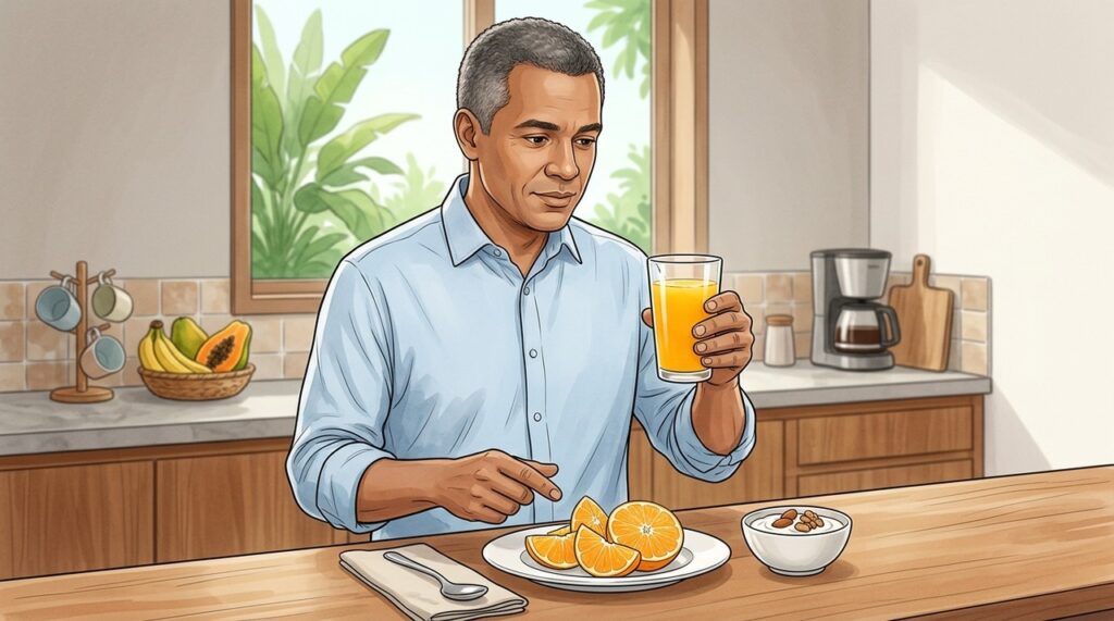 Mesmo natural, o suco concentra açúcar e pode elevar rapidamente a glicose sanguínea.