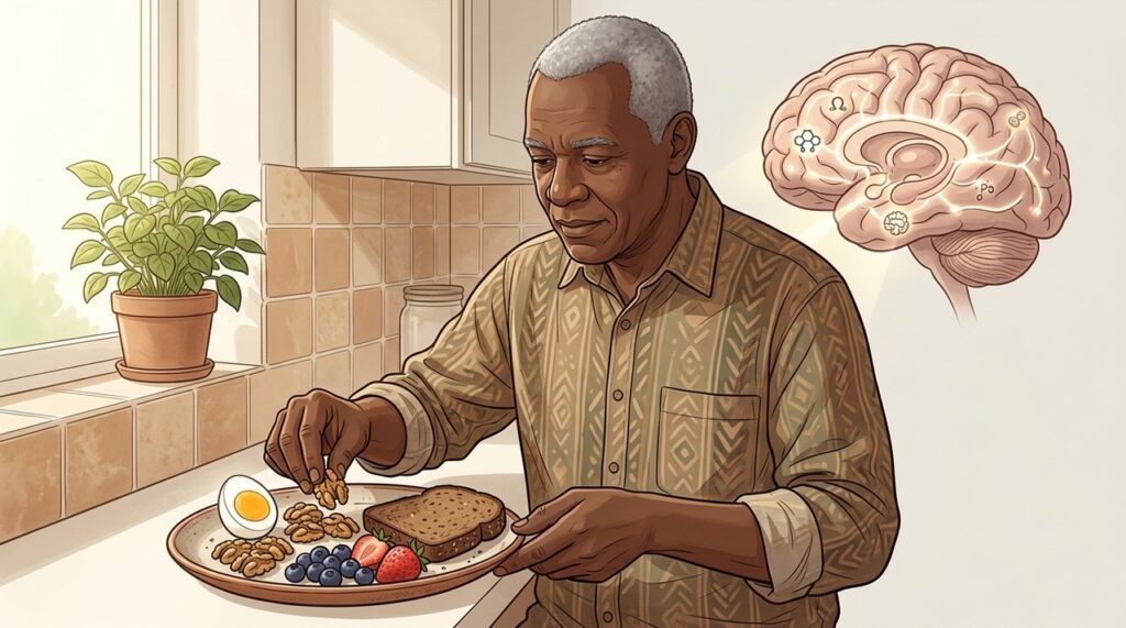 Uma alimentação variada oferece ômega-3, vitaminas e antioxidantes essenciais aos neurônios.