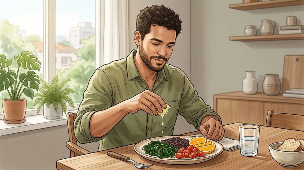 Combinar espinafre com tomate, frutas cítricas e outras fontes de vitamina C favorece a absorção.