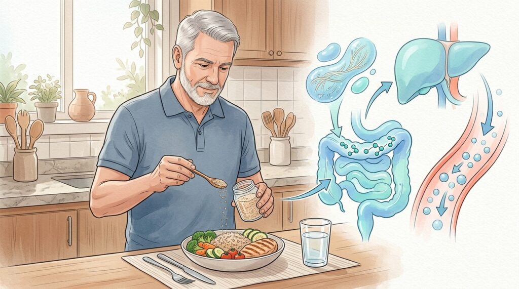 A beta-glucana forma um gel intestinal que ajuda a limitar a absorção de gorduras.