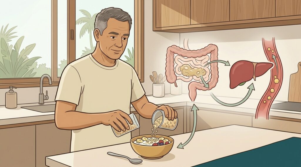 A fibra solúvel da aveia atua no intestino e favorece menor LDL.