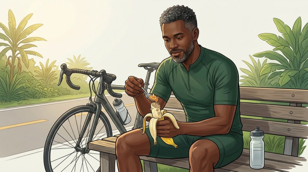 Banana, aveia e pasta de amendoim formam uma opção prática para treinos mais longos.