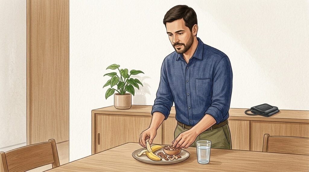 Potássio da banana ajuda no equilíbrio do sódio e na saúde cardiovascular.