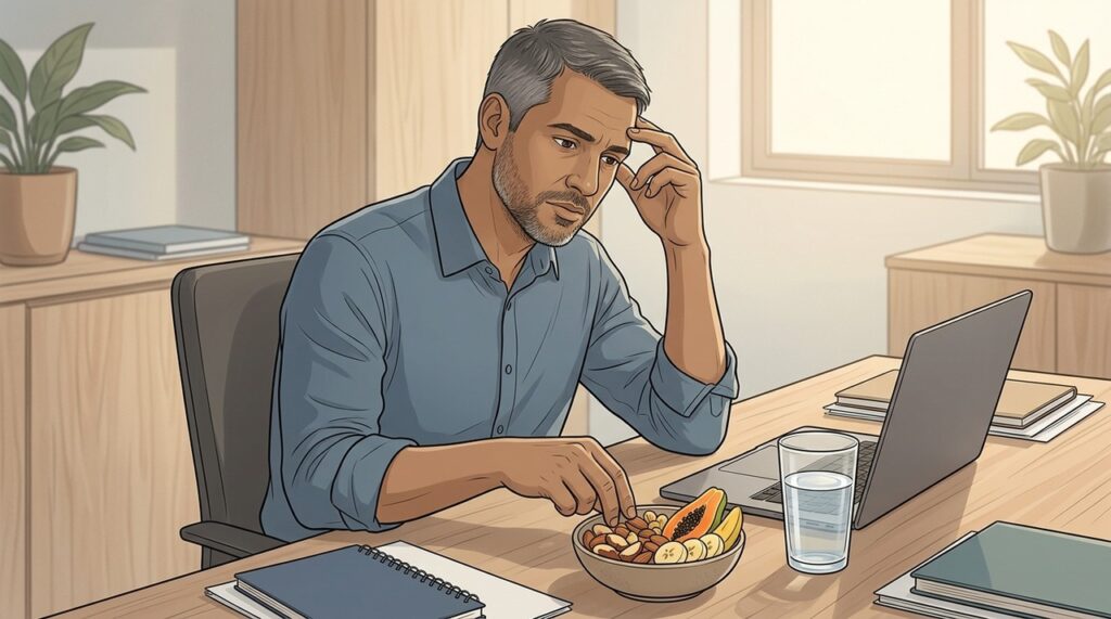 Longos intervalos sem comer podem favorecer irritabilidade, cansaço e dificuldade de concentração.