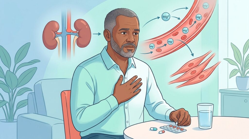 Diabetes e medicamentos podem aumentar perdas de magnésio, favorecendo sintomas musculares e cardíacos.