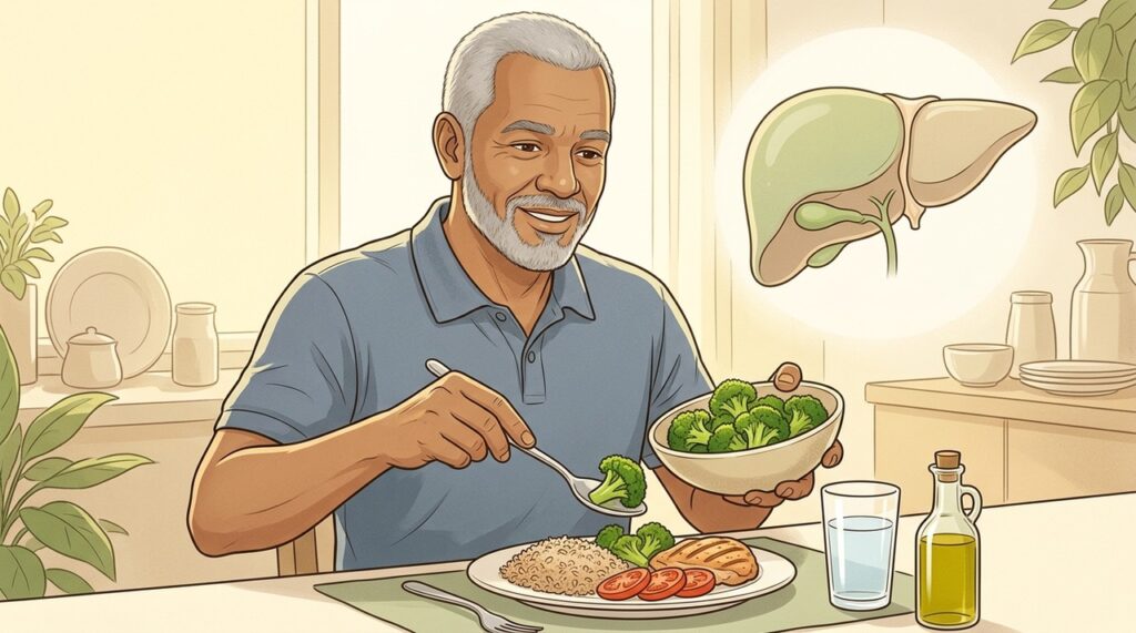 Na esteatose, o brócolis integra uma alimentação equilibrada voltada à proteção hepática.