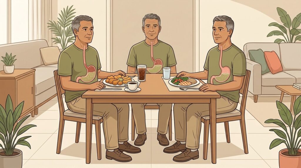 Refeições volumosas e deitar após comer podem favorecer o retorno do conteúdo gástrico.