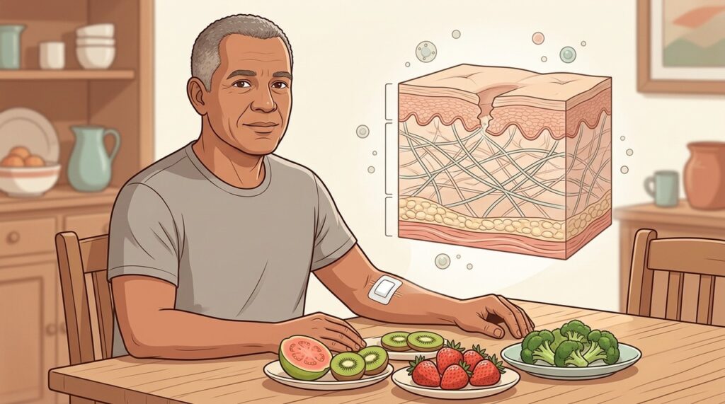 Alimentos com vitamina C ajudam a fornecer nutrientes importantes para o reparo tecidual.