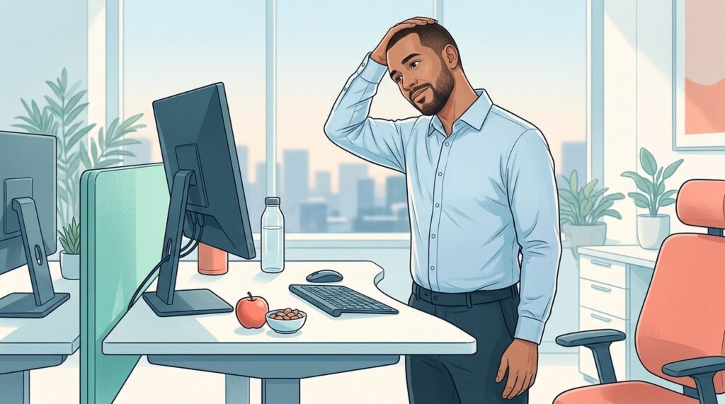 Alongar o pescoço e fazer pausas durante o trabalho ajudam a reduzir a tensão.