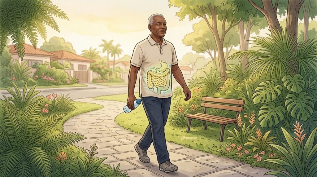 Hidratação e caminhadas complementam as fibras e favorecem movimentos intestinais mais eficientes.