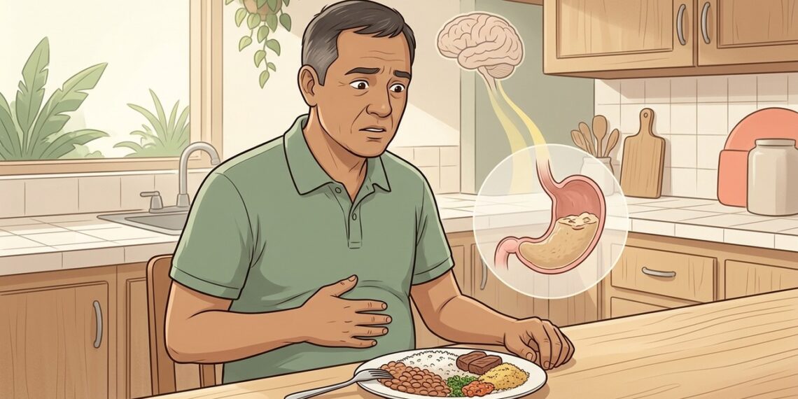 A sensação de estufamento após comer pouco não acontece só por comer rápido, mas na maioria dos casos por retardo no esvaziamento do estômago e sensibilidade aumentada da parede abdominal