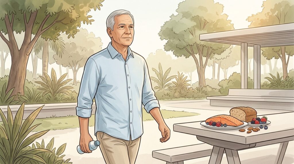 Grãos integrais, peixes e oleaginosas integram padrões alimentares associados a menor fadiga em idosos.