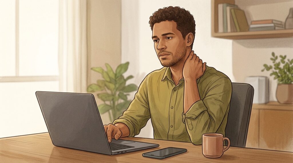Horas diante do computador podem manter o trapézio contraído e sobrecarregado durante toda a semana.