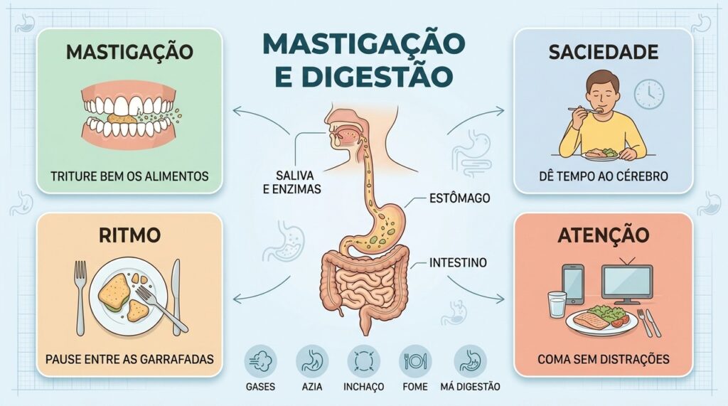Mastigação, ritmo, atenção e saciedade ajudam a tornar a digestão mais confortável.