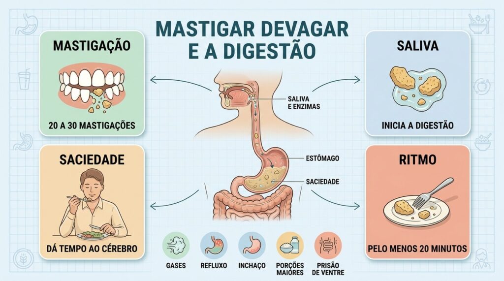 Mastigação, saliva, saciedade e ritmo ajudam a digestão e o controle das porções.