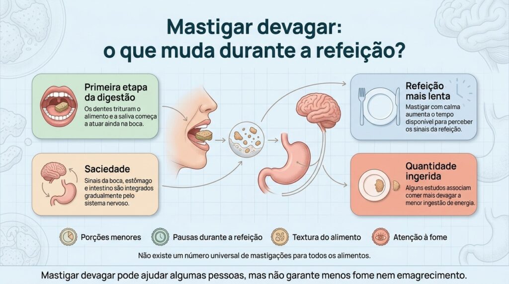 Comer mais devagar pode influenciar a quantidade ingerida e ajudar algumas pessoas a perceber melhor a saciedade.