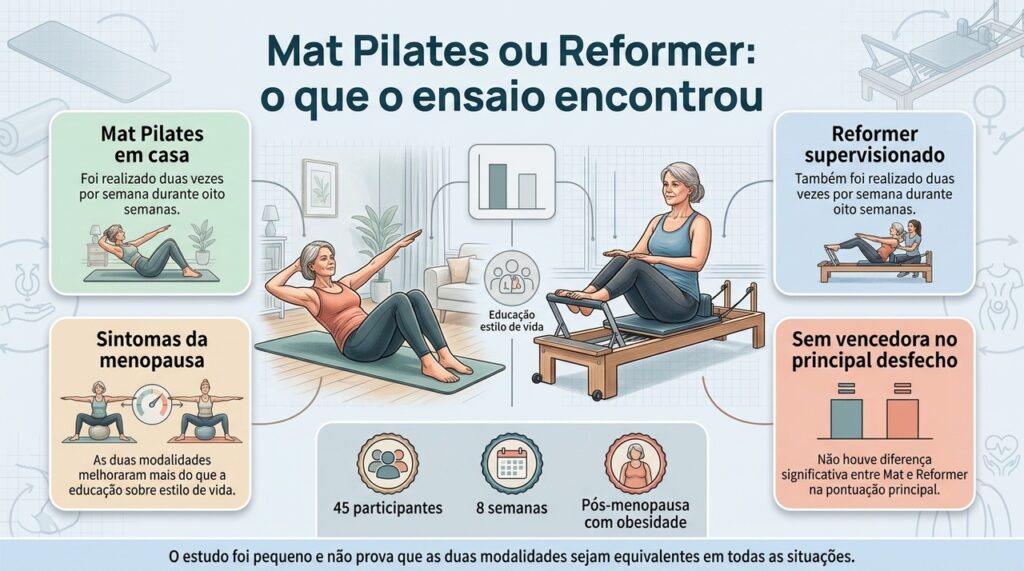 No principal desfecho do ensaio, Mat Pilates e Reformer reduziram sintomas sem diferença significativa entre as modalidades.
