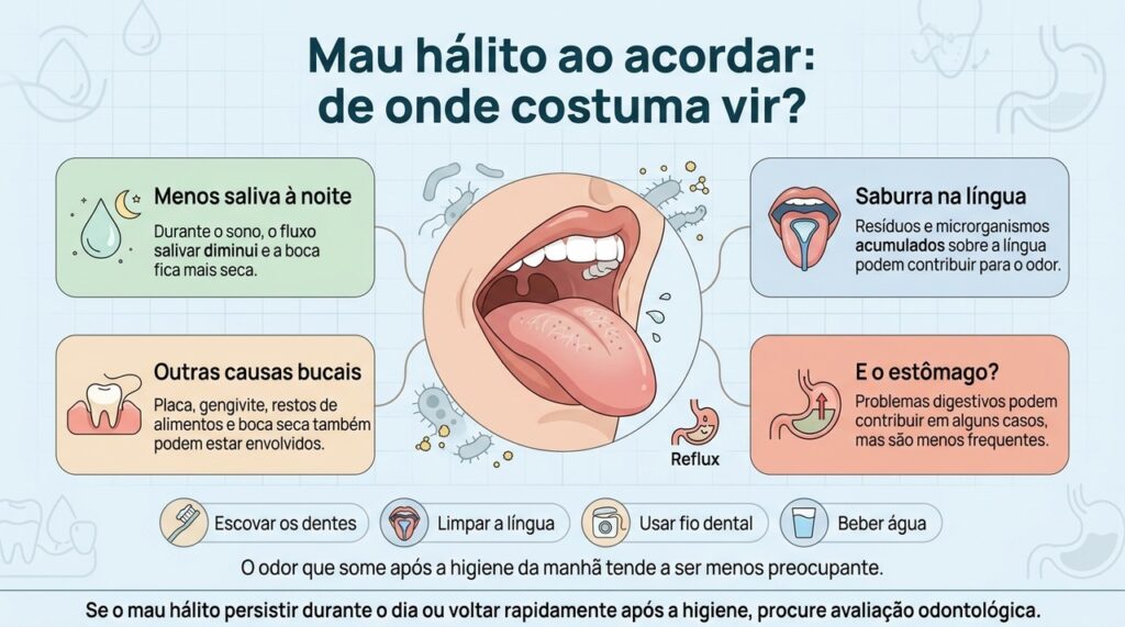 Redução da saliva, saburra lingual e outros fatores bucais explicam a maior parte do mau hálito ao acordar.